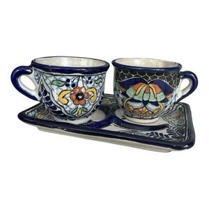 Uriarte Talavera Puebla Mexico Espresso Tequila Set 3 Pc Tray Cups Signed DO4
